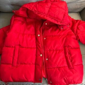 Red Women’s M Puffer Jacket with Snap Front and Zip-Off Hood